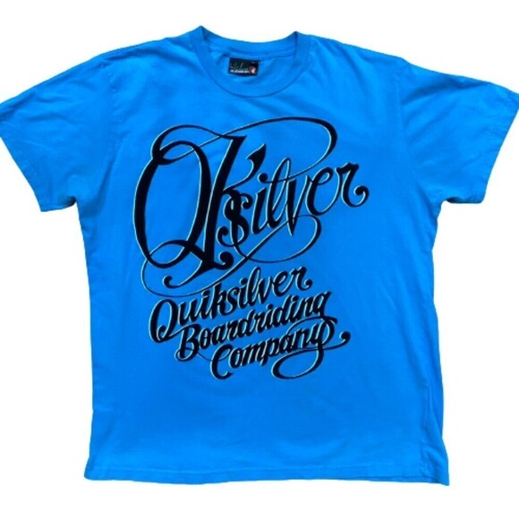 Quiksilver Boarding Company Felt Print Cursive Logo Marina Blue T-Shirt Men's L - Picture 1 of 7